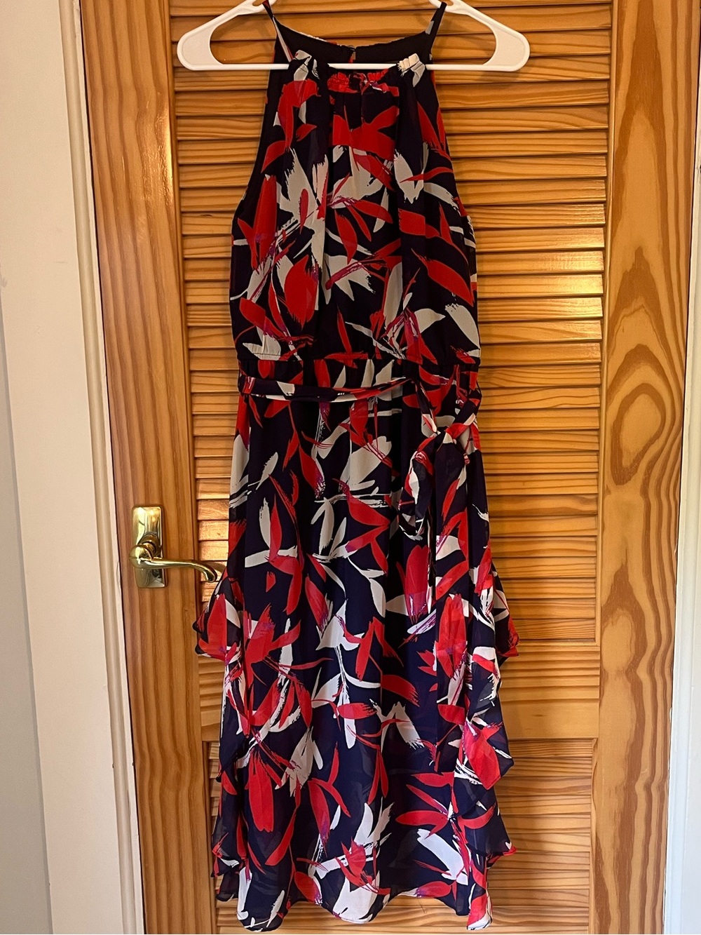 Vince Camuto Navy Halter Midi Dress with Red and White Leaf Print Ruffle Hem 4